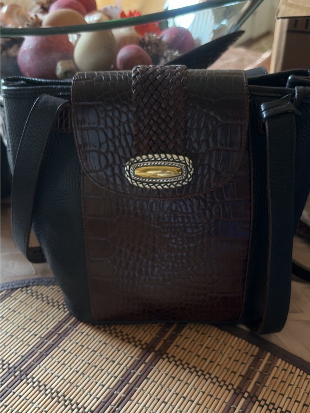 Brighton Brown Croc-Texture & Black Shoulder Bag with Gold Accent